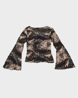 Y2K 00s Fairweather Printed Mesh Top With Lettuce Hem &amp; Flared Sleeves - M