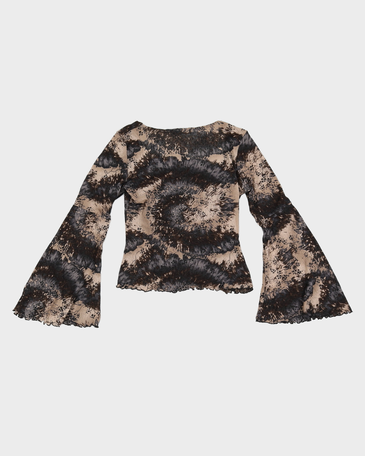 Y2K 00s Fairweather Printed Mesh Top With Lettuce Hem & Flared Sleeves - M