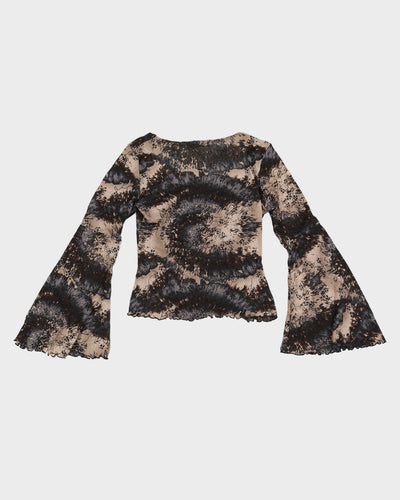 Y2K 00s Fairweather Printed Mesh Top With Lettuce Hem & Flared Sleeves - M