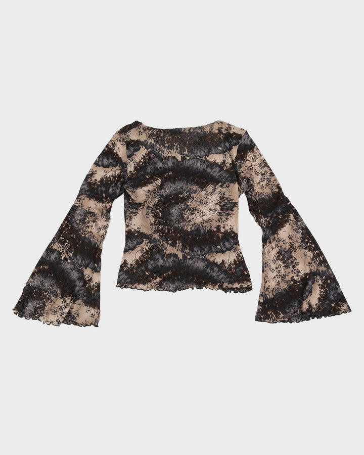 Y2K 00s Fairweather Printed Mesh Top With Lettuce Hem & Flared Sleeves - M