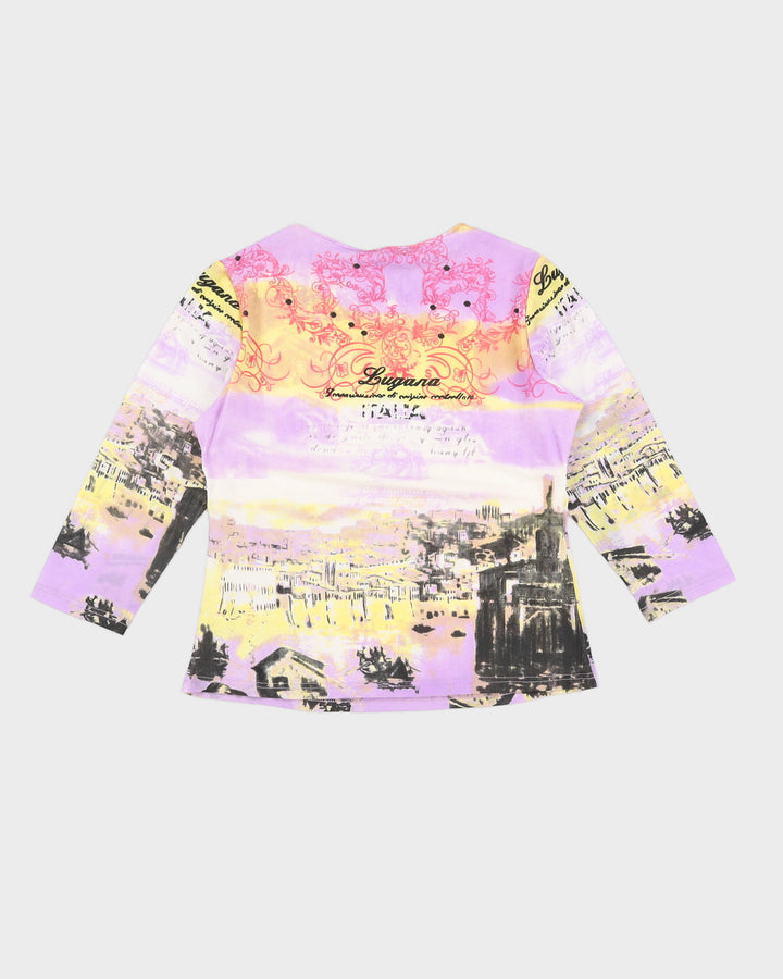Y2K 00s Lolina Purple Printed Mesh Top With Diamante Detail - M/L