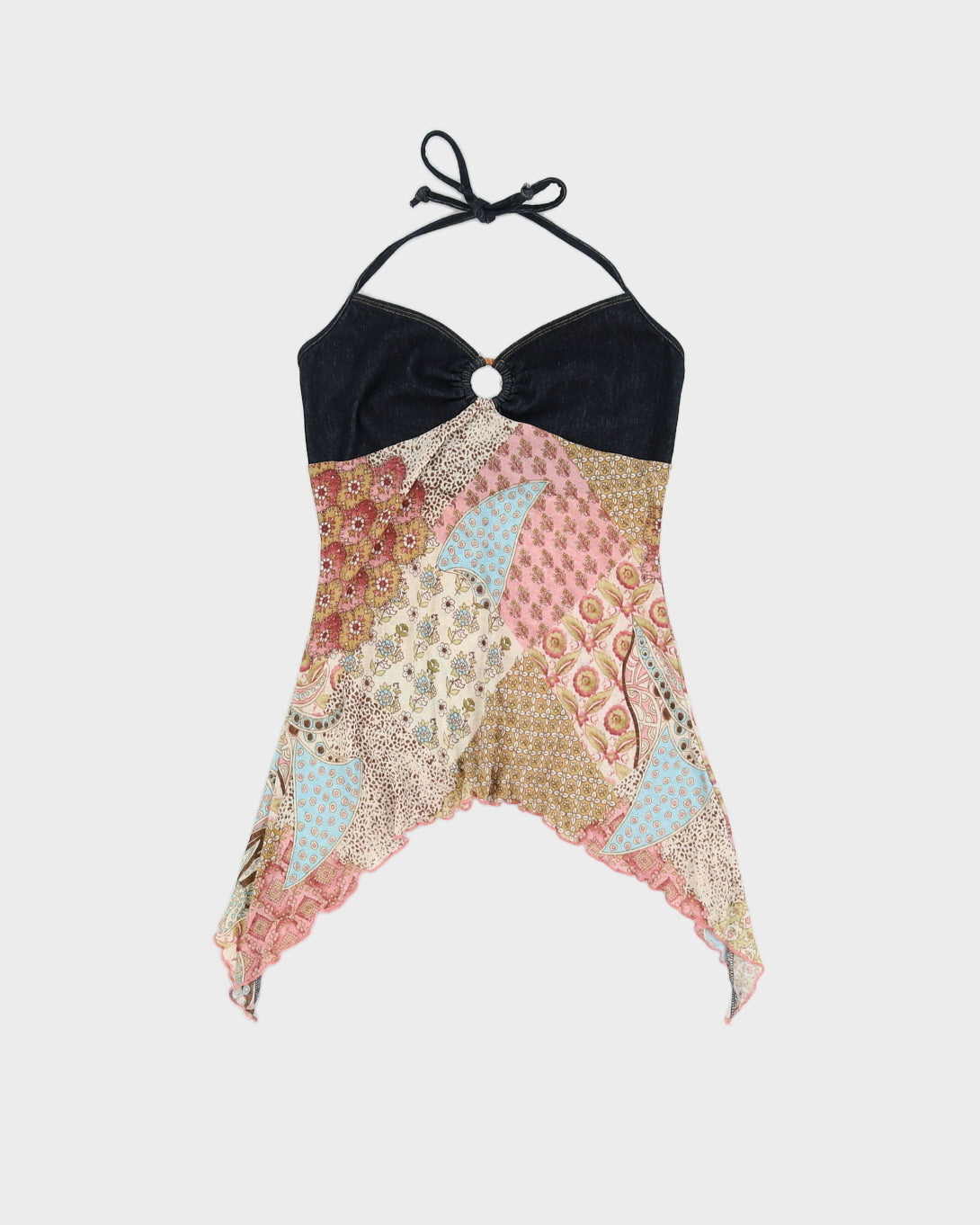 Paisley and Denim Print Y2K Halterneck Top - XS