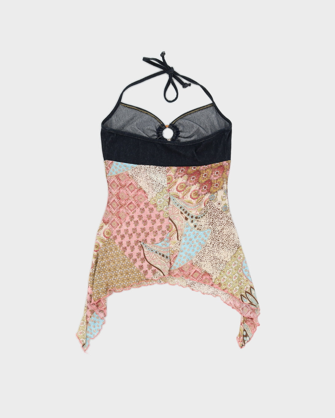 Paisley and Denim Print Y2K Halterneck Top - XS