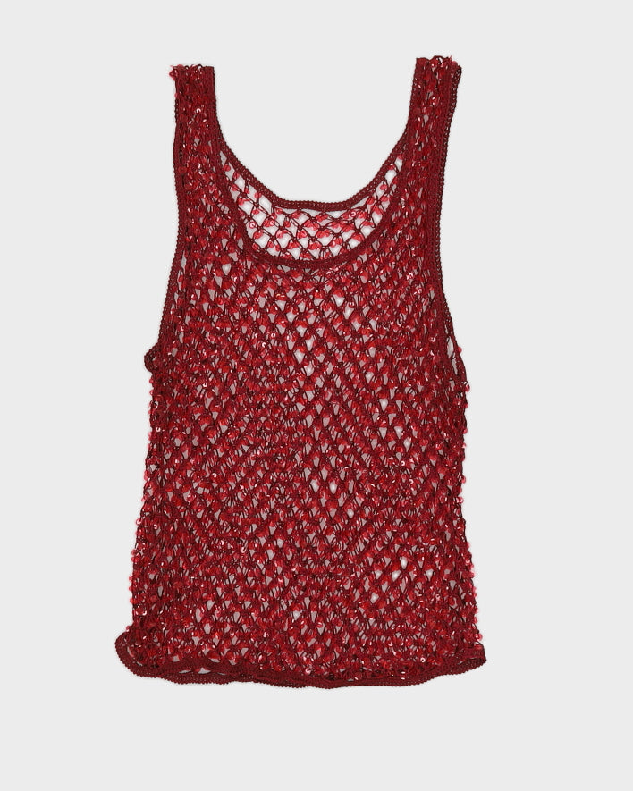 Y2K 00s Maroon Sequin Crochet Vest Top - XS/S