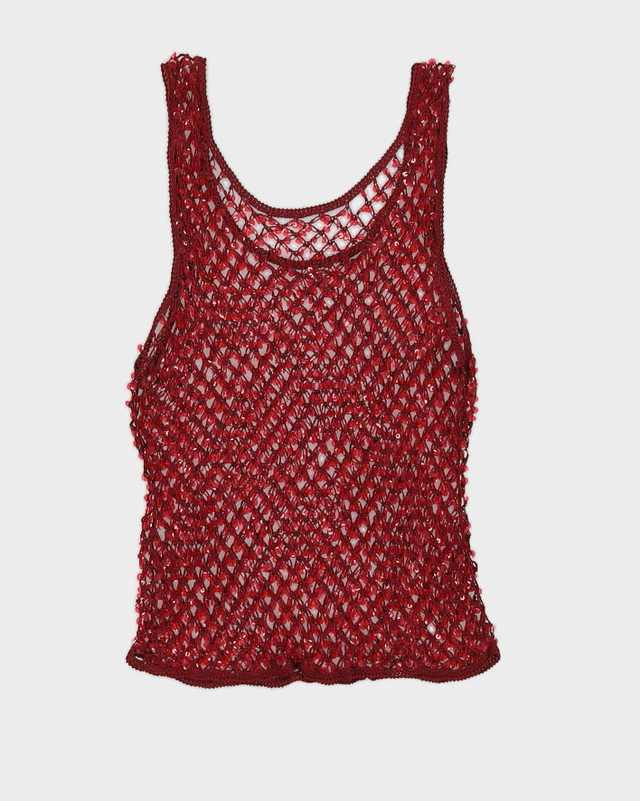 Y2K 00s Maroon Sequin Crochet Vest Top - XS/S