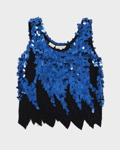 Vintage 80s Roche De Paris Blue Sequin + Beaded Top - M