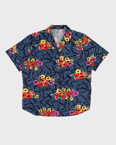 Blue Patterned Short Sleeve Blouse - M