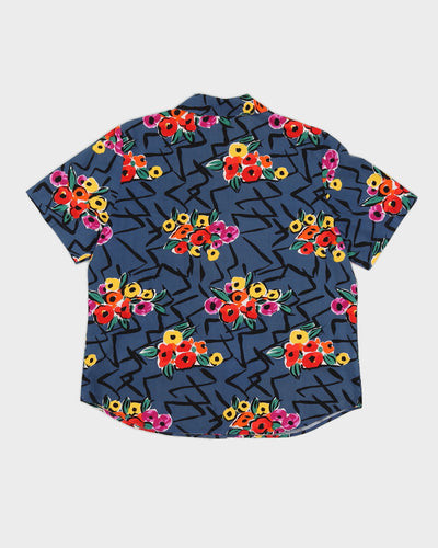 Blue Patterned Short Sleeve Blouse - M