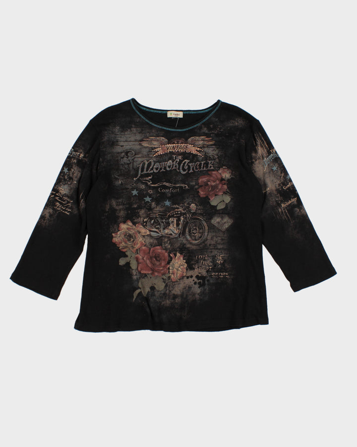 Y2K 00s Motorcycle Rose Print Diamante Top - L