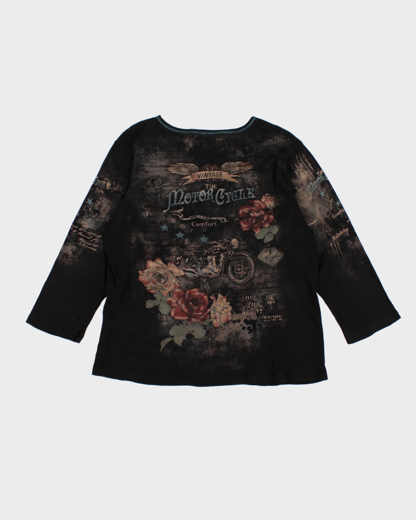 Y2K 00s Motorcycle Rose Print Diamante Top - L