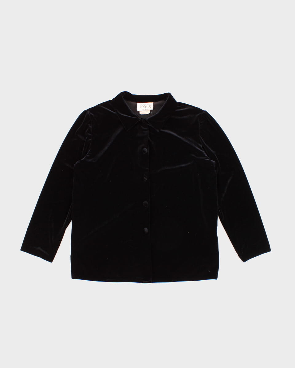 Women's 90's Black Velvet Button Up Shirt Blouse - M
