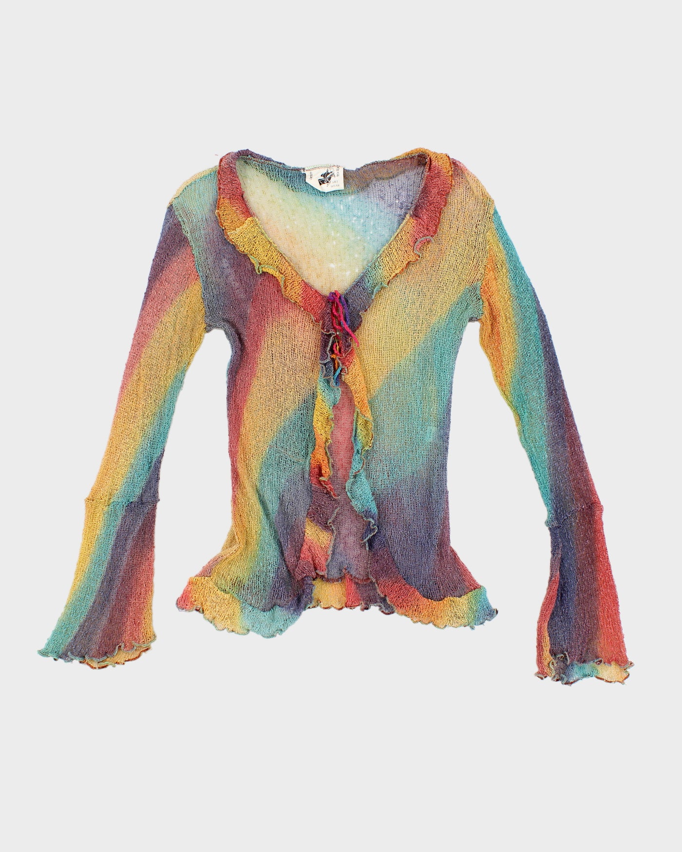 Womens Rainbow Frilly Crochet Front Tie Art Blouse - S