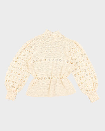 Womens 1970s Cream Crochet  Peasant Top - S