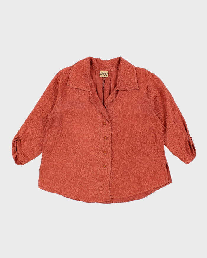 Uru Burnt Orange Silk Floral Textured Blouse - L