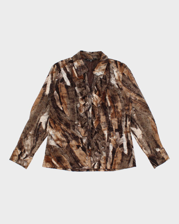 00s Textured Ruffled Brown Blouse - M