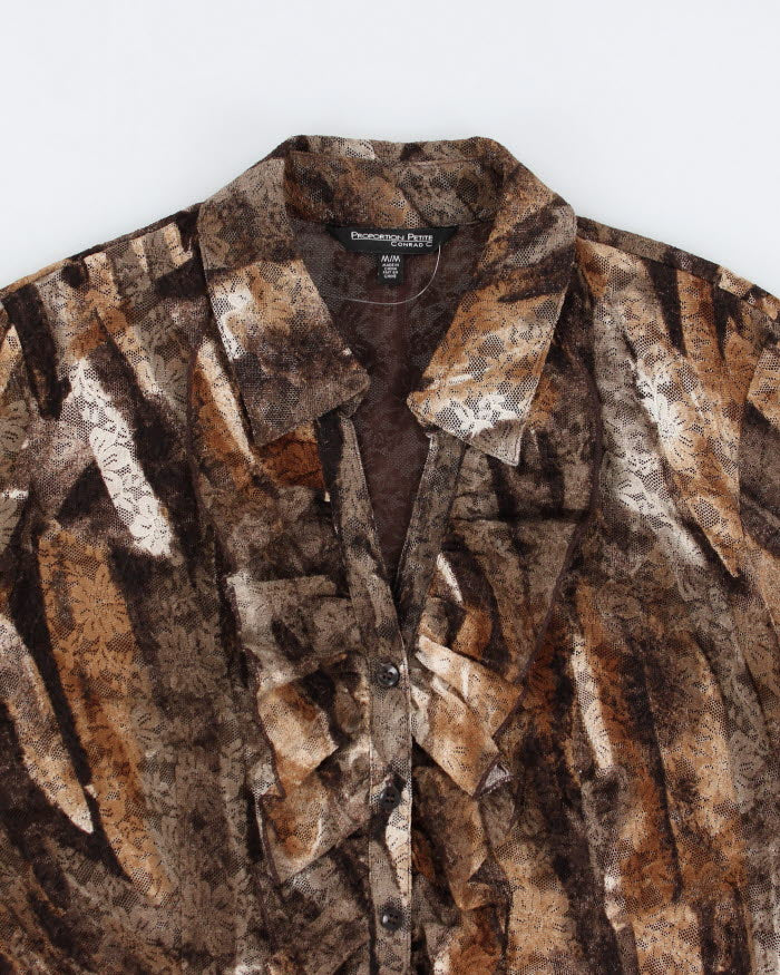 00s Textured Ruffled Brown Blouse - M