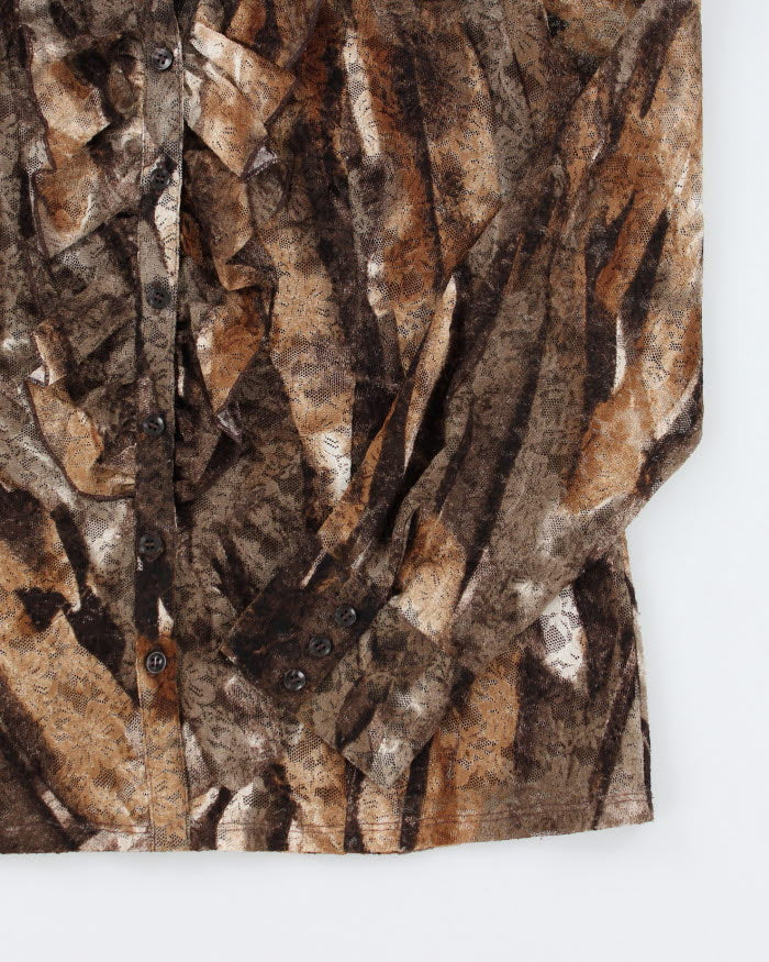 00s Textured Ruffled Brown Blouse - M