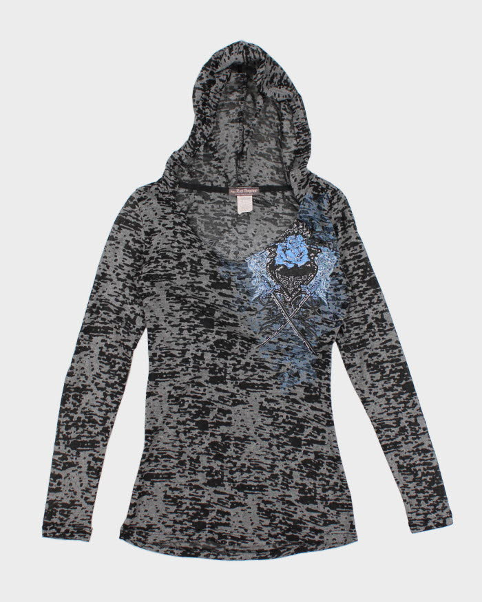Y2k 00s Active Street Couture Leopard Print Hooded Long Sleeve Top - M
