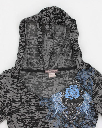 Y2k 00s Active Street Couture Leopard Print Hooded Long Sleeve Top - M