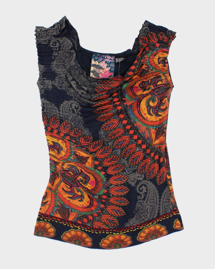 Y2k 00s Desigual Navy Pattern Top - L