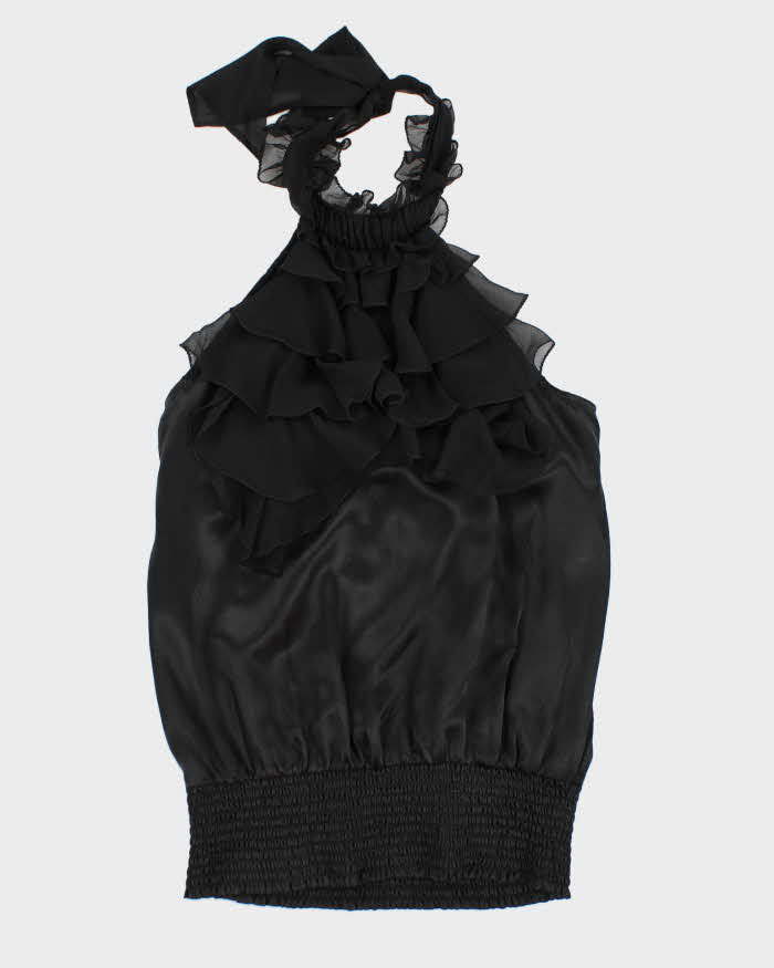 Y2k 00s Bebe Black Silk Ruffle Halter Top - S