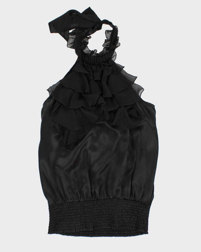 Y2k 00s Bebe Black Silk Ruffle Halter Top - S