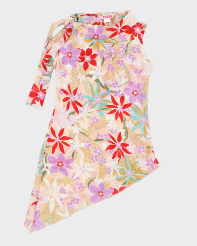 Y2k 00s T&N Floral Asymmetric Tie Neck Top - S