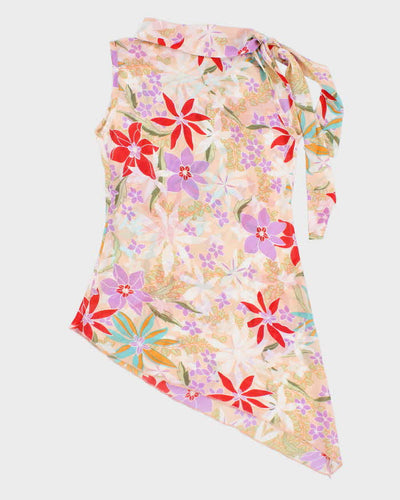 Y2k 00s T&N Floral Asymmetric Tie Neck Top - S