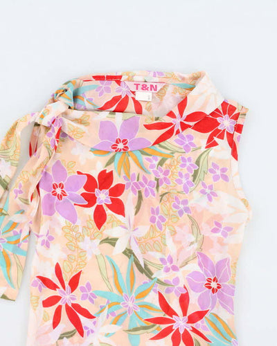 Y2k 00s T&N Floral Asymmetric Tie Neck Top - S