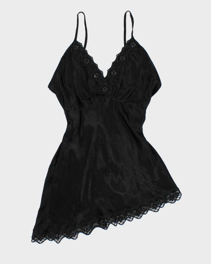 Y2k 00s Black Satin Beaded Cami Top - XL