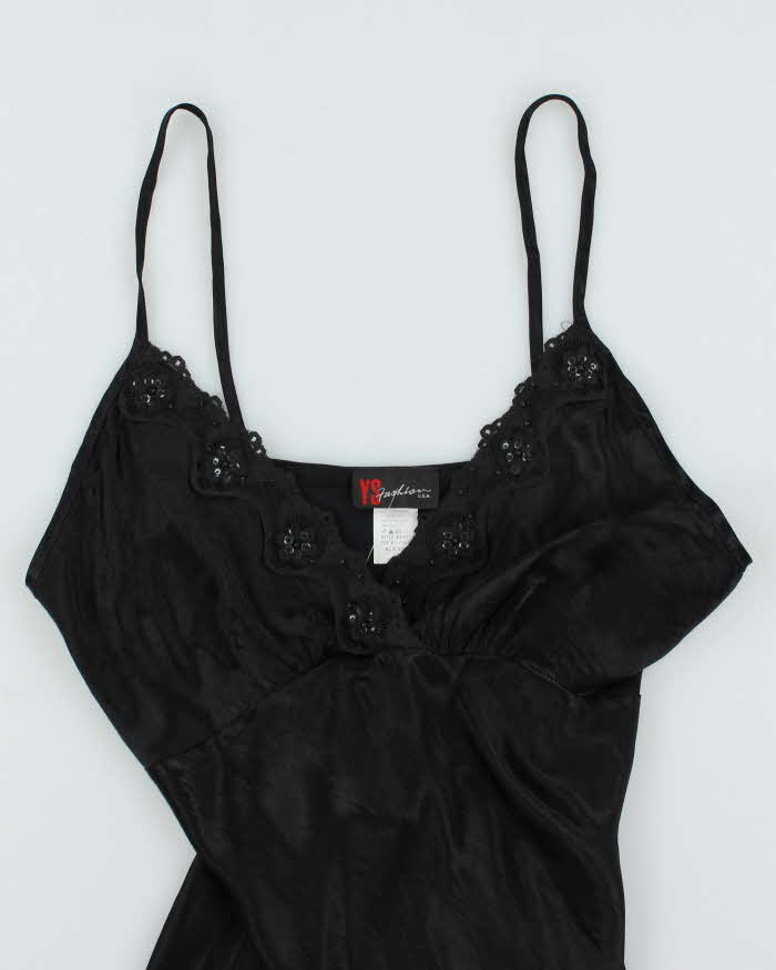 Y2k 00s Black Satin Beaded Cami Top - XL