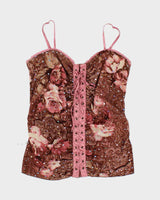 Y2k 00s Pattern Sequin Lace Up Cami Top - L