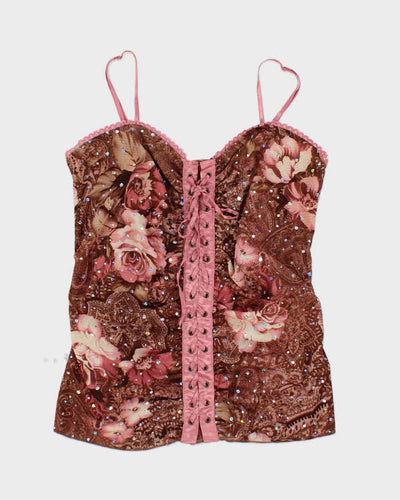 Y2k 00s Pattern Sequin Lace Up Cami Top - L