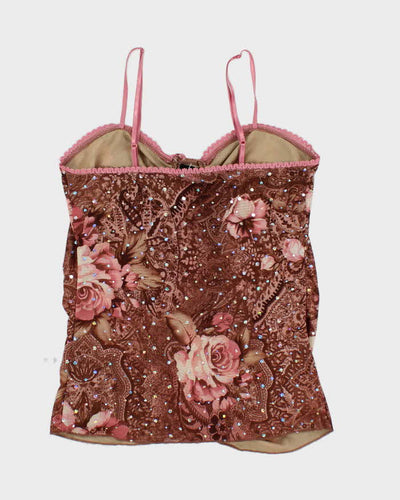 Y2k 00s Pattern Sequin Lace Up Cami Top - L