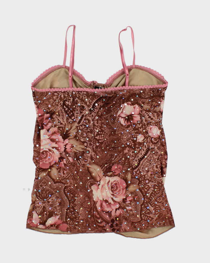 Y2k 00s Pattern Sequin Lace Up Cami Top - L