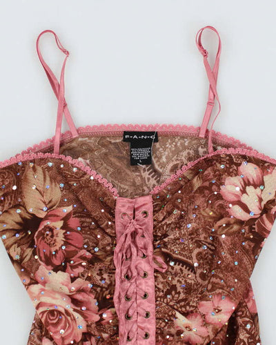 Y2k 00s Pattern Sequin Lace Up Cami Top - L