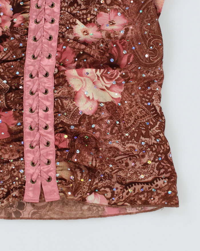 Y2k 00s Pattern Sequin Lace Up Cami Top - L – Rokit