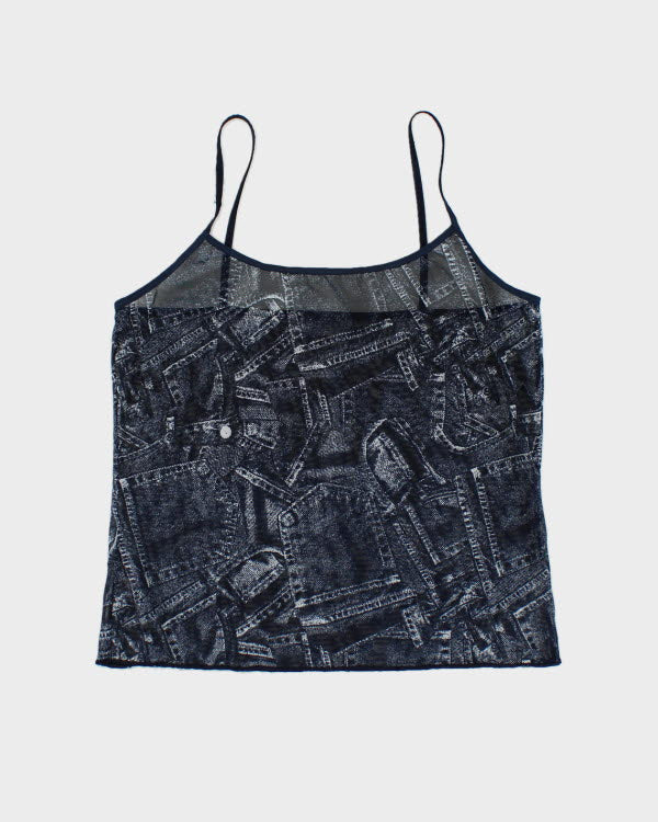 Y2k 00s Denim Print Mesh Cami - M
