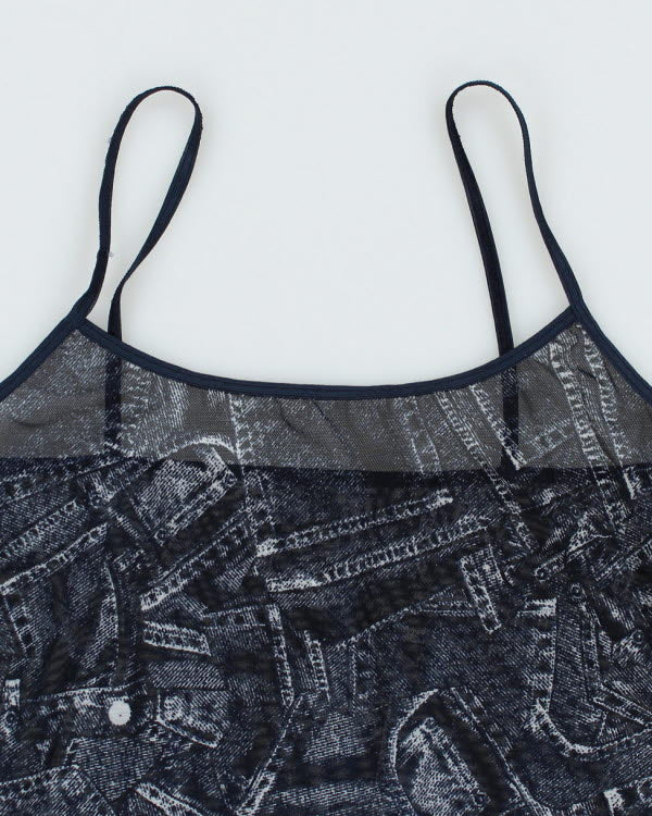 Y2k 00s Denim Print Mesh Cami - M