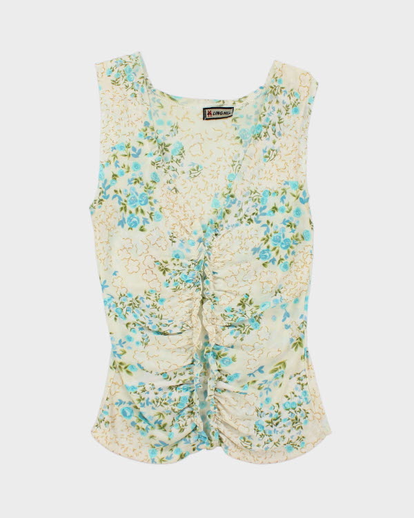 Y2k 00s Mesh Floral Ruched Top - S
