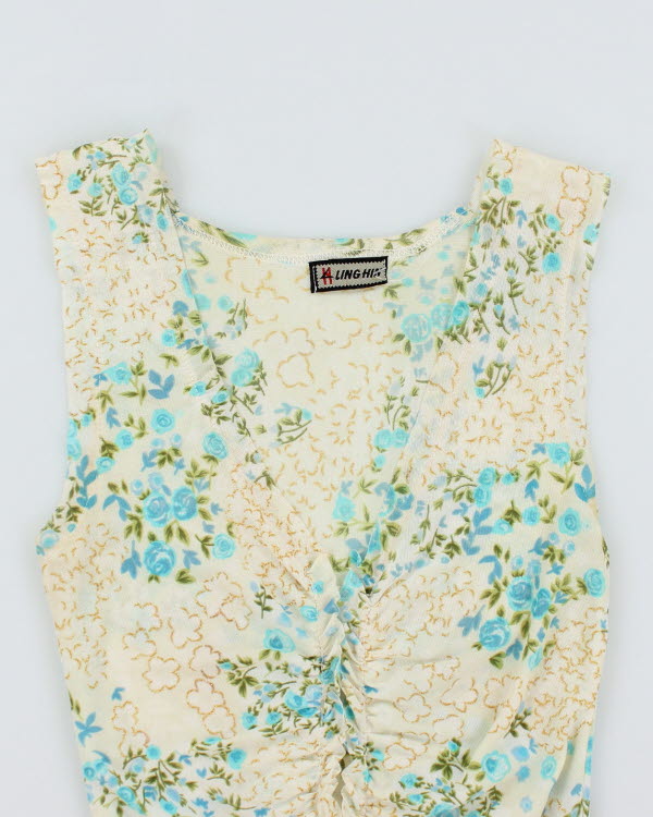 Y2k 00s Mesh Floral Ruched Top - S