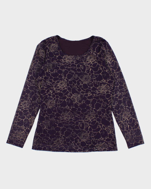 Y2k 00s Purple Floral Mesh Top - M