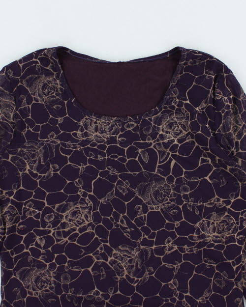 Y2k 00s Purple Floral Mesh Top - M