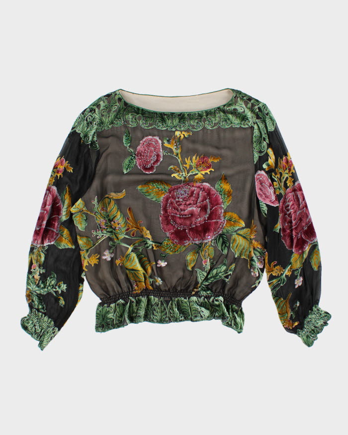 Y2k 00s Velour Beaded Sheer Top - L