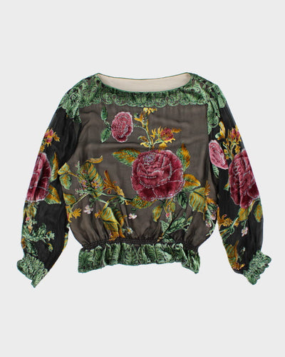 Y2k 00s Velour Beaded Sheer Top - L