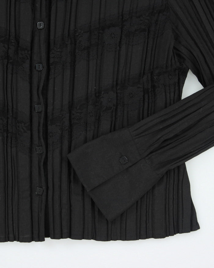 Vintage 90s Lace Pleated Black Shirt - L