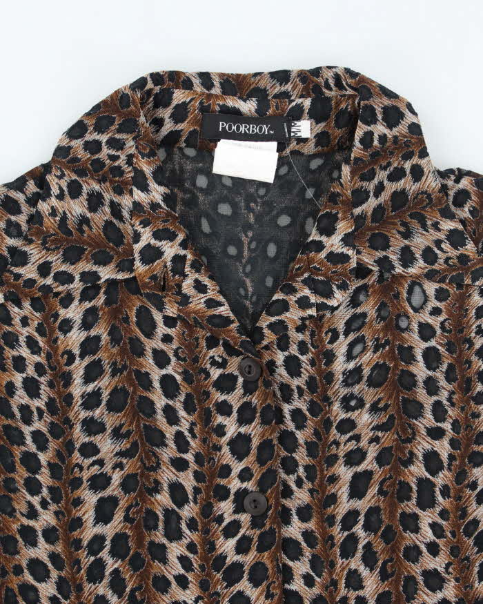 Y2k 00s Poorboy Leopard Print Mesh Blouse - M