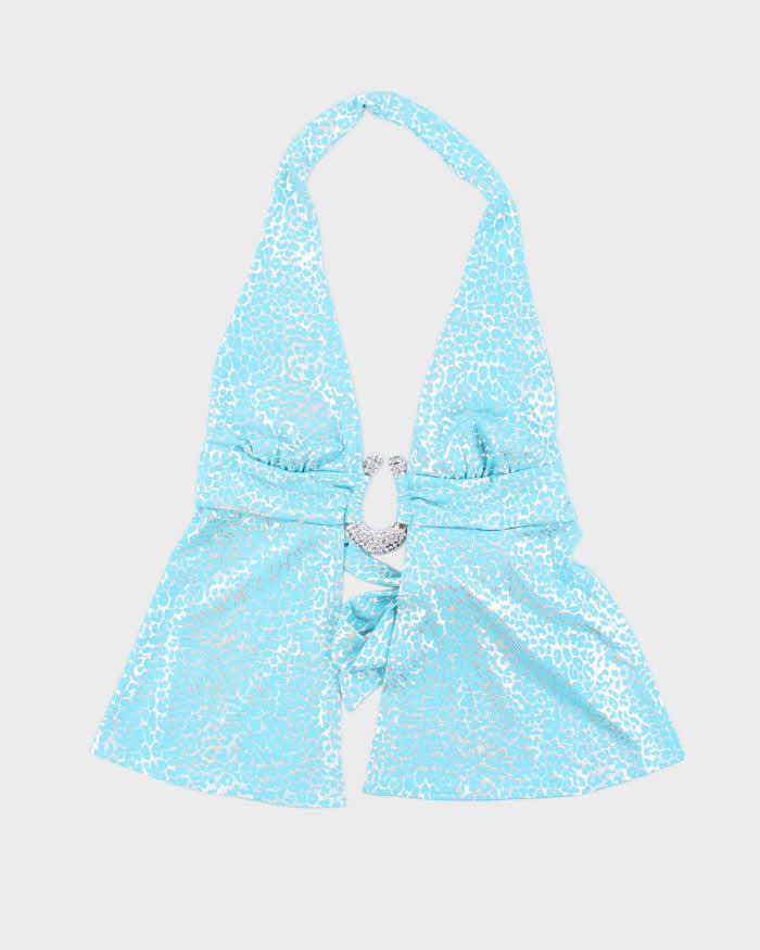 Y2k 00s Blue Leopard Print Backless Halter - S