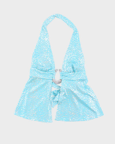 Y2k 00s Blue Leopard Print Backless Halter - S