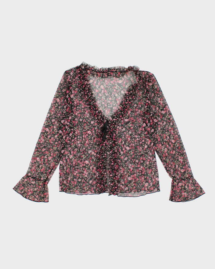 Y2k 00s Floral Mesh Ruffle Blouse - S